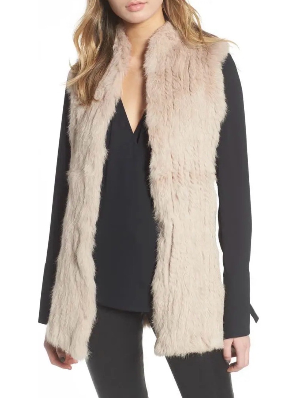 Love Token Rabbit Fur Knit Vest Cream Boho Luxe Open Front XS